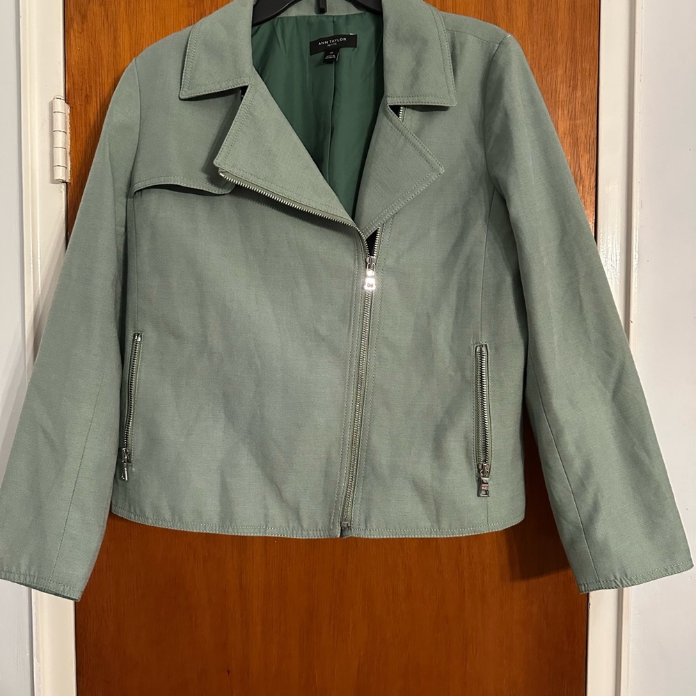 Ann Taylor Green Utility Jacket Asymmetrical Zipper